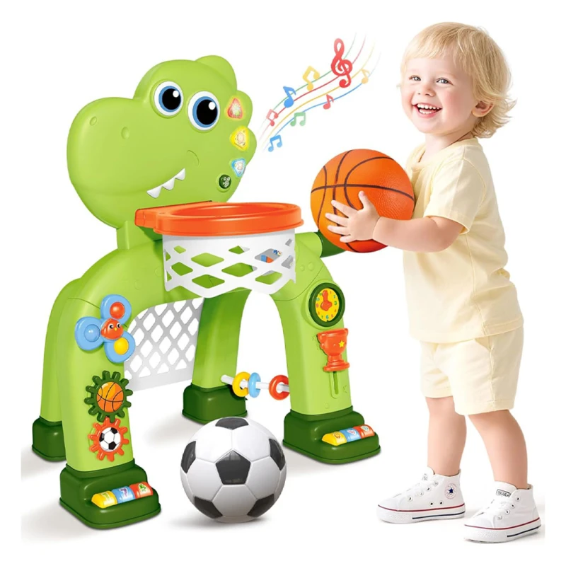 Dino Sport Set , Toddler Basketball Hoop & Soccer Goal with Light & Music For Age 1-4 Years